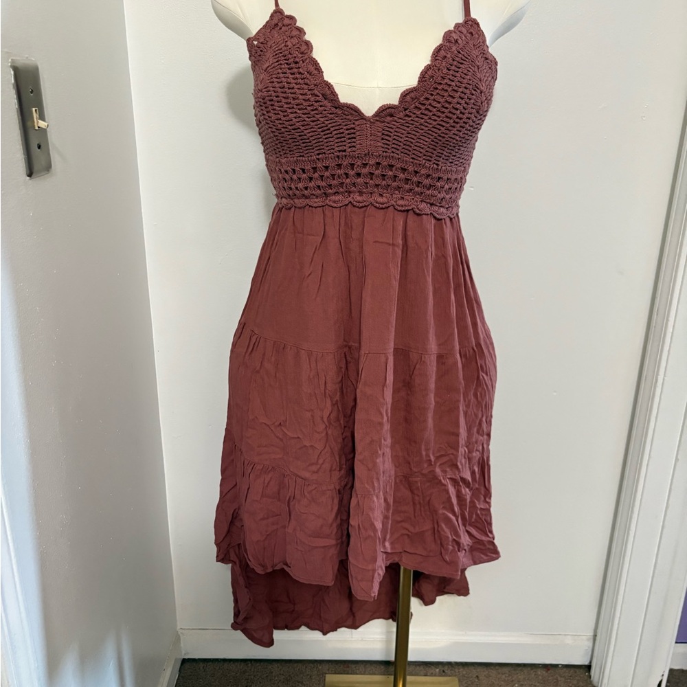 Chic High Low Dress with Crochet Detail in Dusty Rose